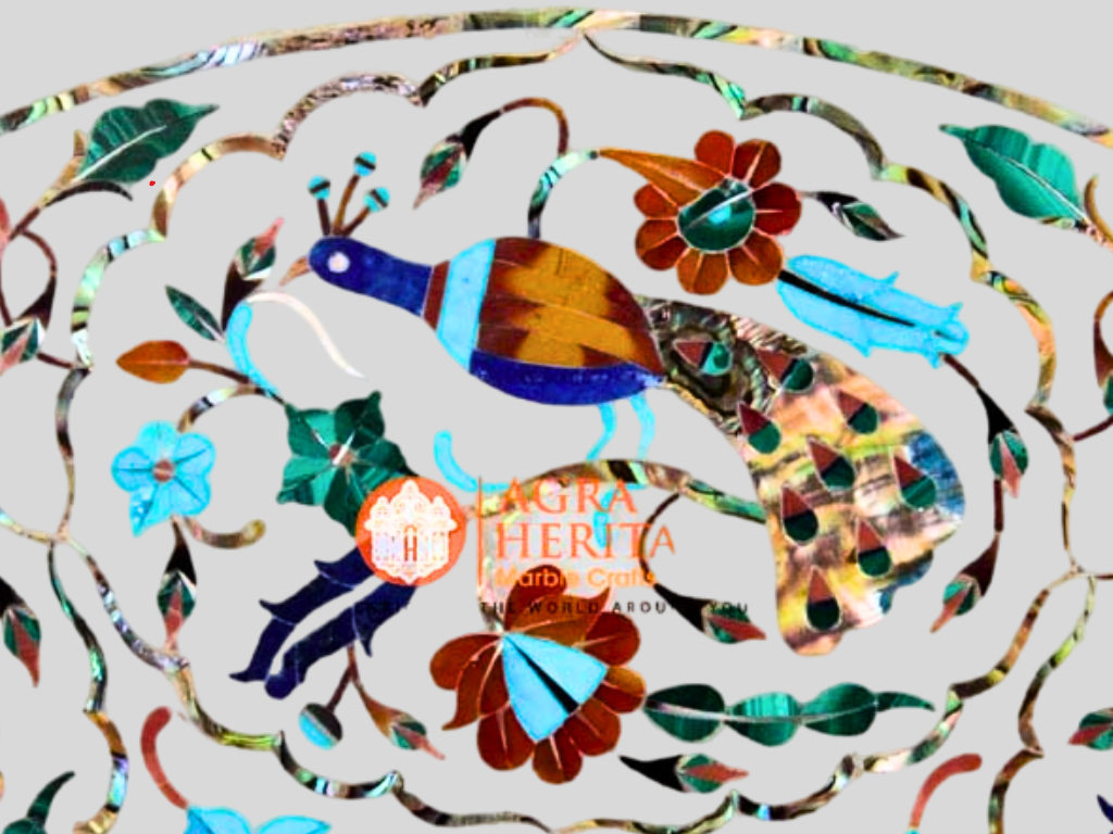 Peacock Art Marble Multi Inlay Floral Design Plate Interior